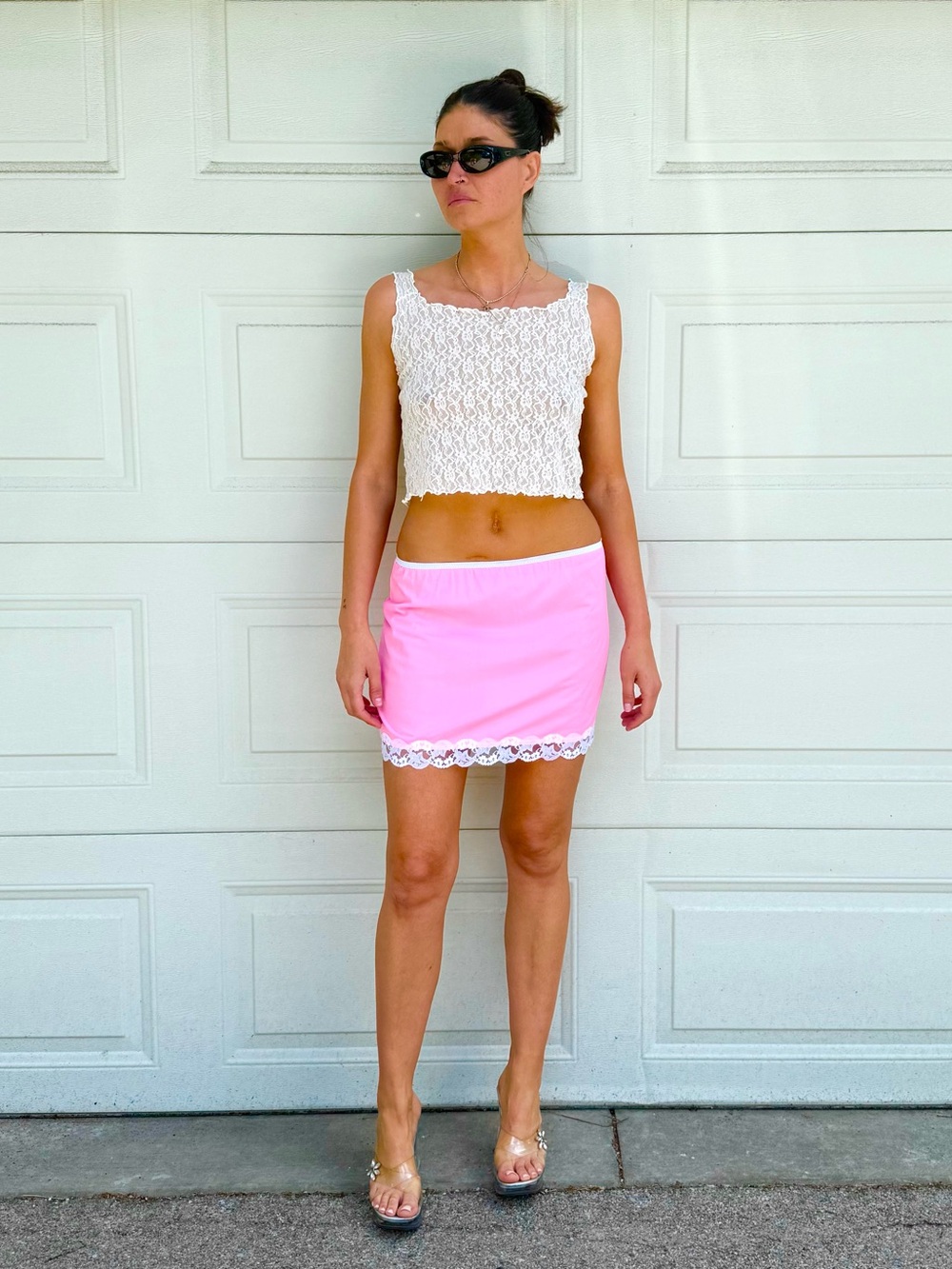 Pink Lace-Trim Mini Skirt